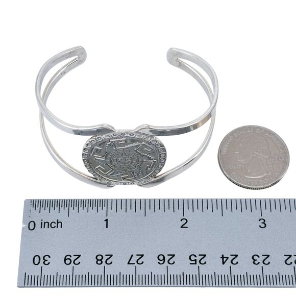Vintage Mexico Sterling Silver 925 Aztec Sun Cuff Bracelet 6.5" - Picture 8 of 9